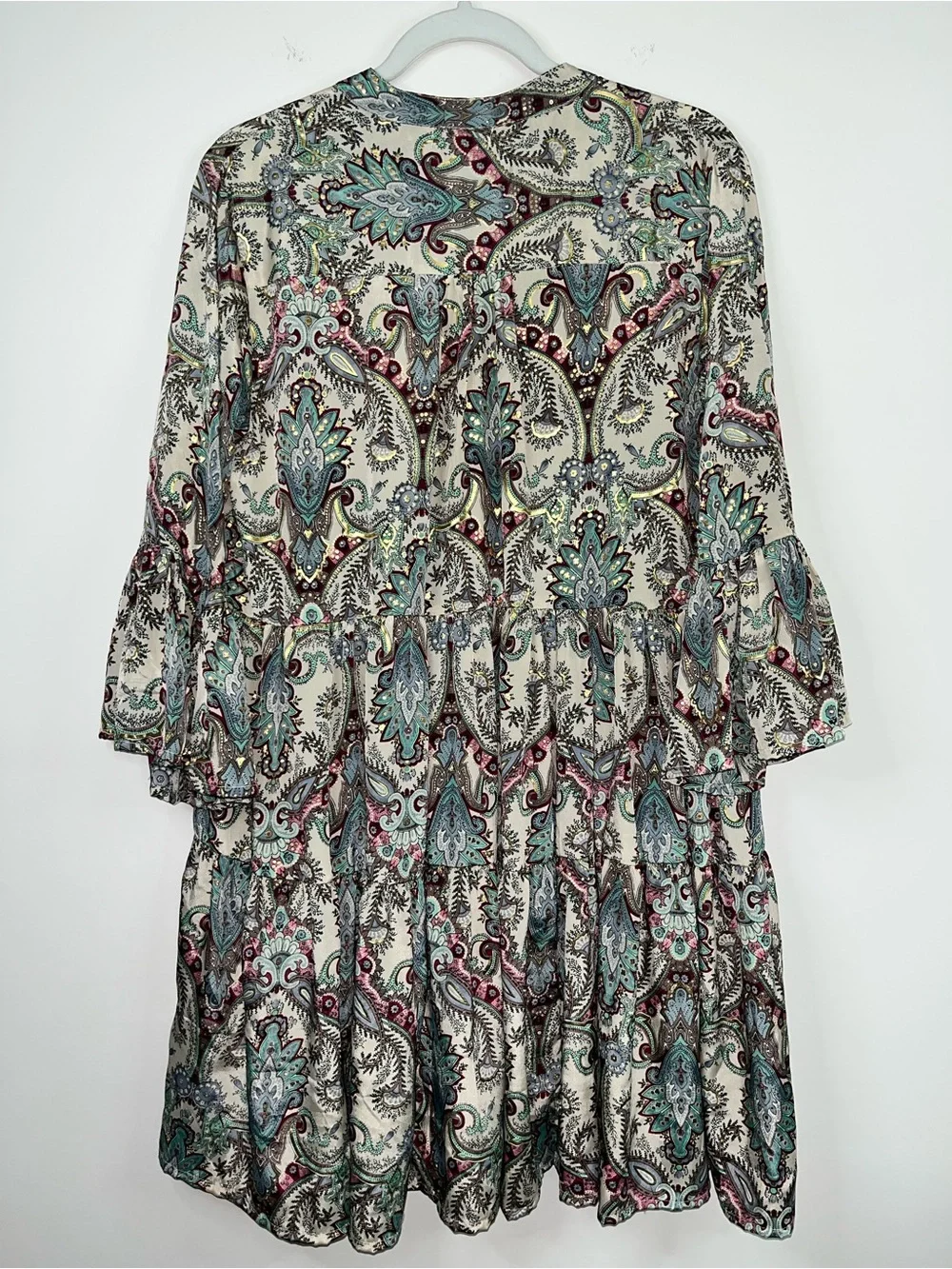 Paani Paisley Bell Sleeve Tunic Dress Medium Boho Multicolor Tiered Resortwear - Picture 5 of 11
